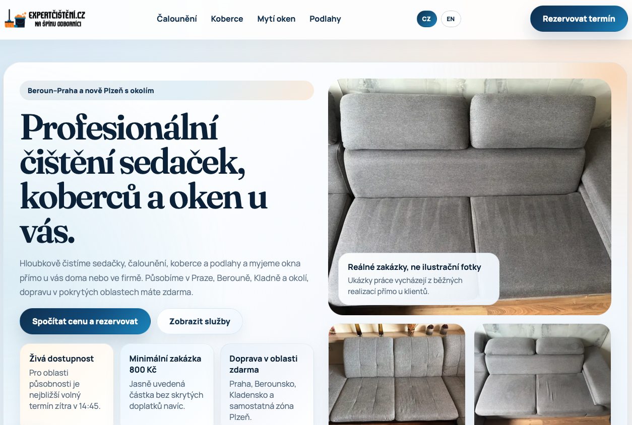 Skutečná titulní stránka Expert Čištění s logem, přehledem služeb a rezervací